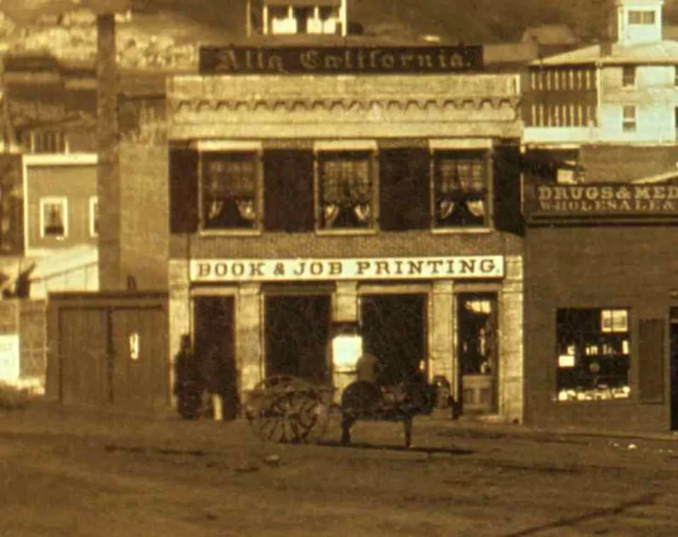 Daguerreotype of the Alta California newspaper building in San Francisco, 1851
