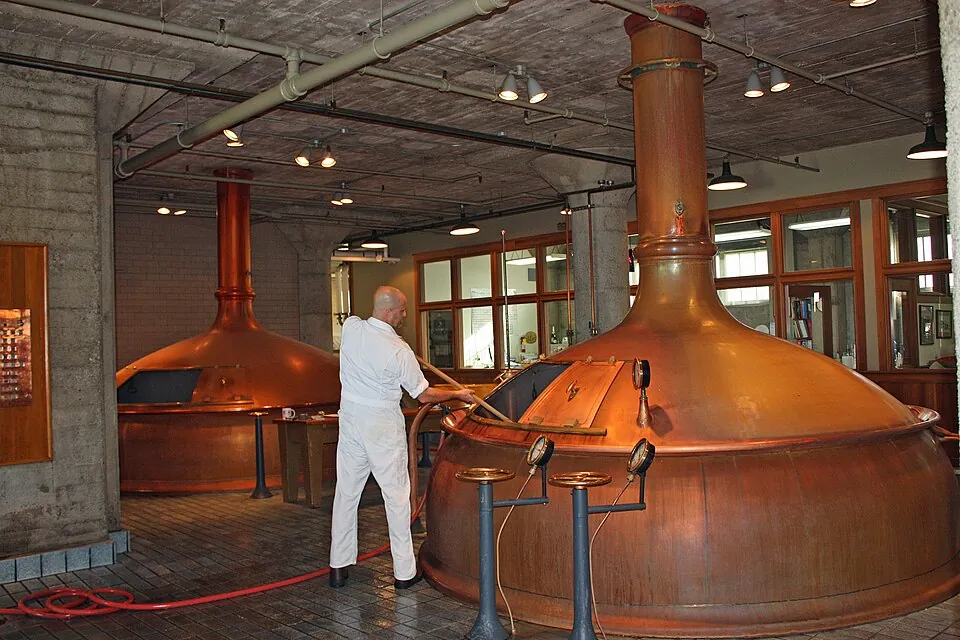 The copper brewhouse vessels inside Anchor Brewing Company in San Francisco