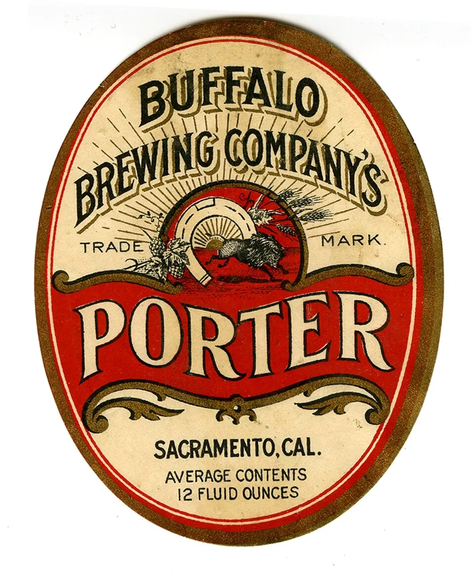 Ornate period beer bottle label from the Buffalo Brewing Company of Sacramento, California