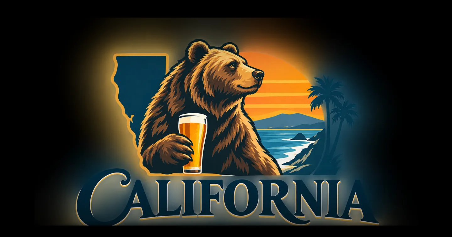 California Brewery Tourism — a grizzly bear holding a pint glass in front of the California coast at sunset